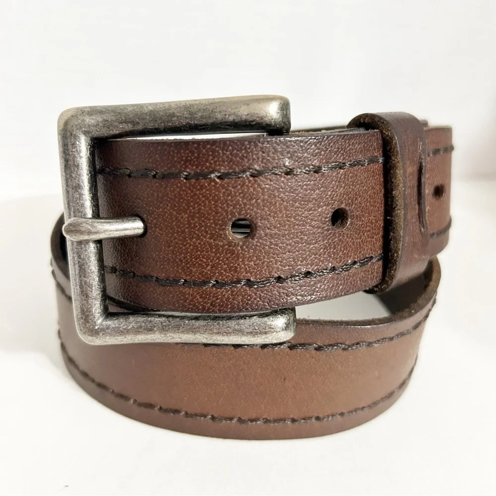 Abercrombie Smooth Leather Belt Silver Toned Hardware Square Buckle Brown 🤎